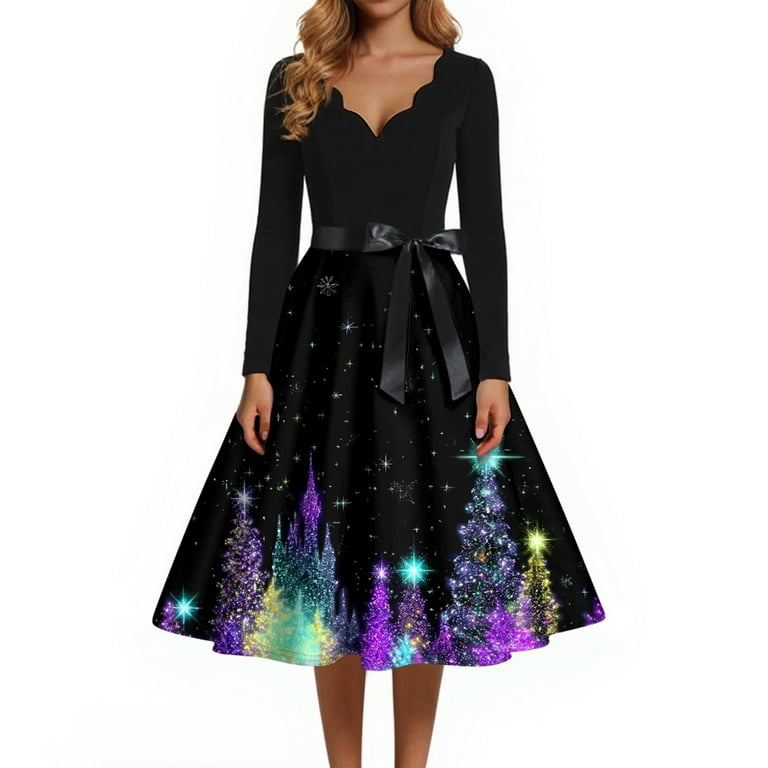holiday flare dress Women's Christmas Print Flare Dress with Snowflake, Christmas Tree and  Snowman Pattern, Long Sleeve V-Neck Vintage Party Dress for Holiday Festive  Occasions,Purple,Size XL