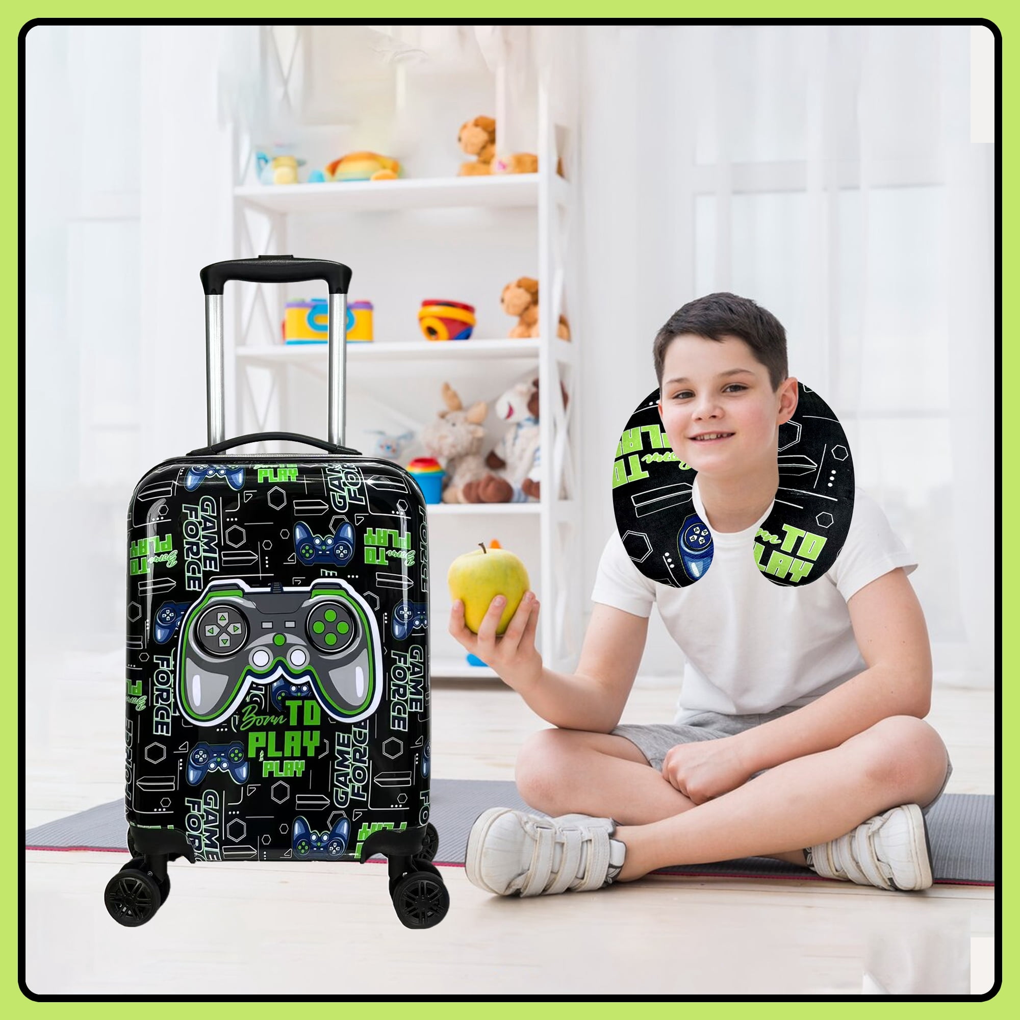 Kids Carry on Luggage Sets for Boys with Travel Pillow Rolling Suitcase with Wheels Hardshell Toddler Travel Essential Set of 5