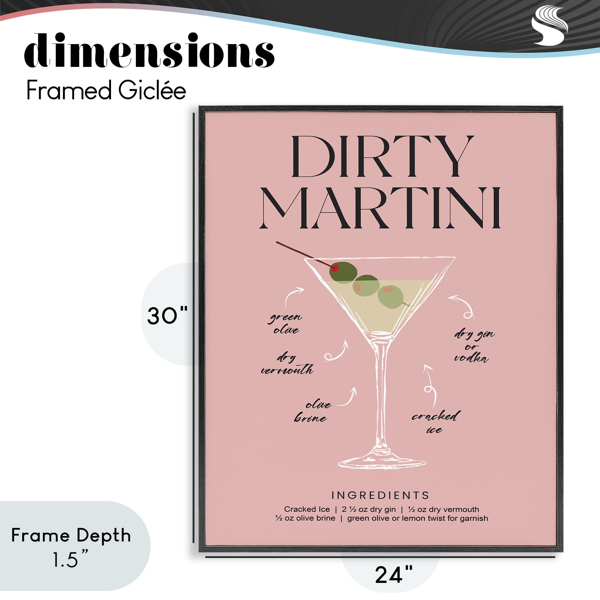 Stupell Industries Dirty Martini Pink Recipe Black Framed Giclee Art, design by Lettered and Lined