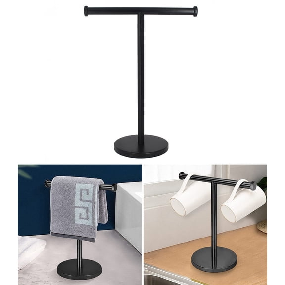 Hand Towel Holder for Bathroom, Stainless Steel T-Shaped Free Standing Hand Towel Rack Stand with Non-Slip Thick Base for Vanity Kitchen Countertop Table, Black