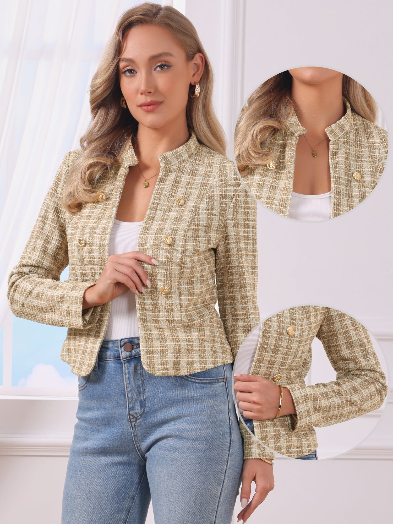 DARING DIVA Women's Comfortable Elegant Plaid Tweed Blazer Band Collar Jacket L Khaki