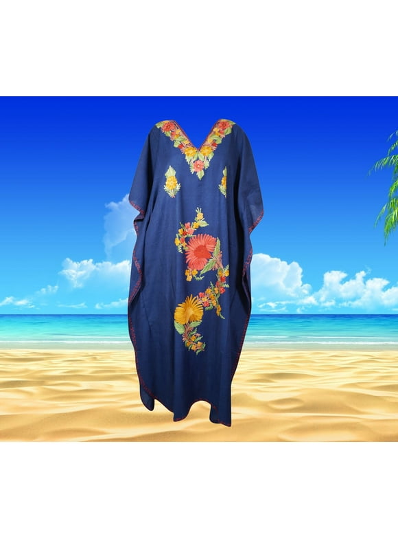 Womens Loose Kaftan Maxi Dresses, Berry Blue Luxury Cotton Hand Embroidered Caftan Dress,L-2XL One Size