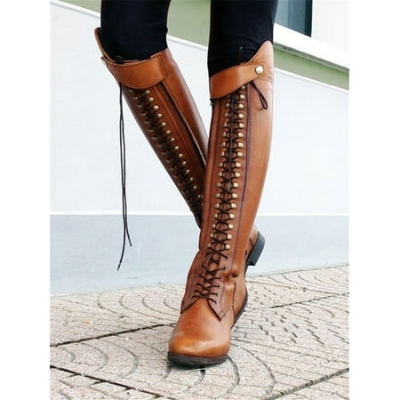 Zip Up Knee Boot - Women Vintage Riding Boots Lace Up Knee High Boots