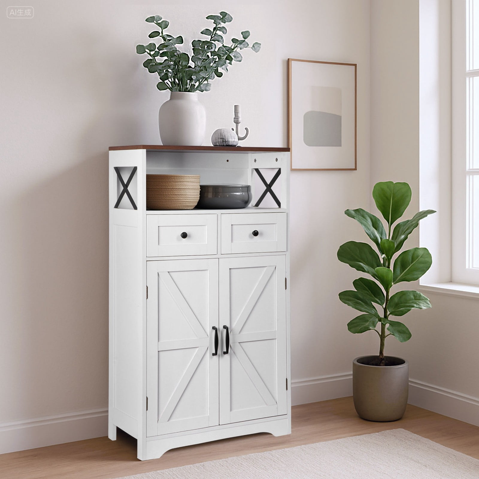 WDZS Farmhouse White Storage Cabinet with Doors and Drawers, Freestanding Kitchen Pantry Cabinet, Floor Storage Cabinet Hutch Cupboard for Kitchen/Laundry/Living Room/Bedroom