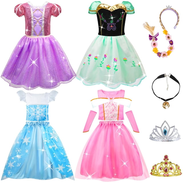 vestido princess dress up meland princess para niñas de 3 a 8 años cuatro vestidos frontales: morado con falda brillante y mangas abullonadas; verde con corpiño negro y falda con flores; azul claro estilo hielo con estampado de copos y mangas cortas; rosa con hombros descubiertos y falda vaporosa; accesorios a la derecha incluyen diademas, choker y dos coronas; adecuado como disfraz de princesa o regalo para niñas de 3–8 años.