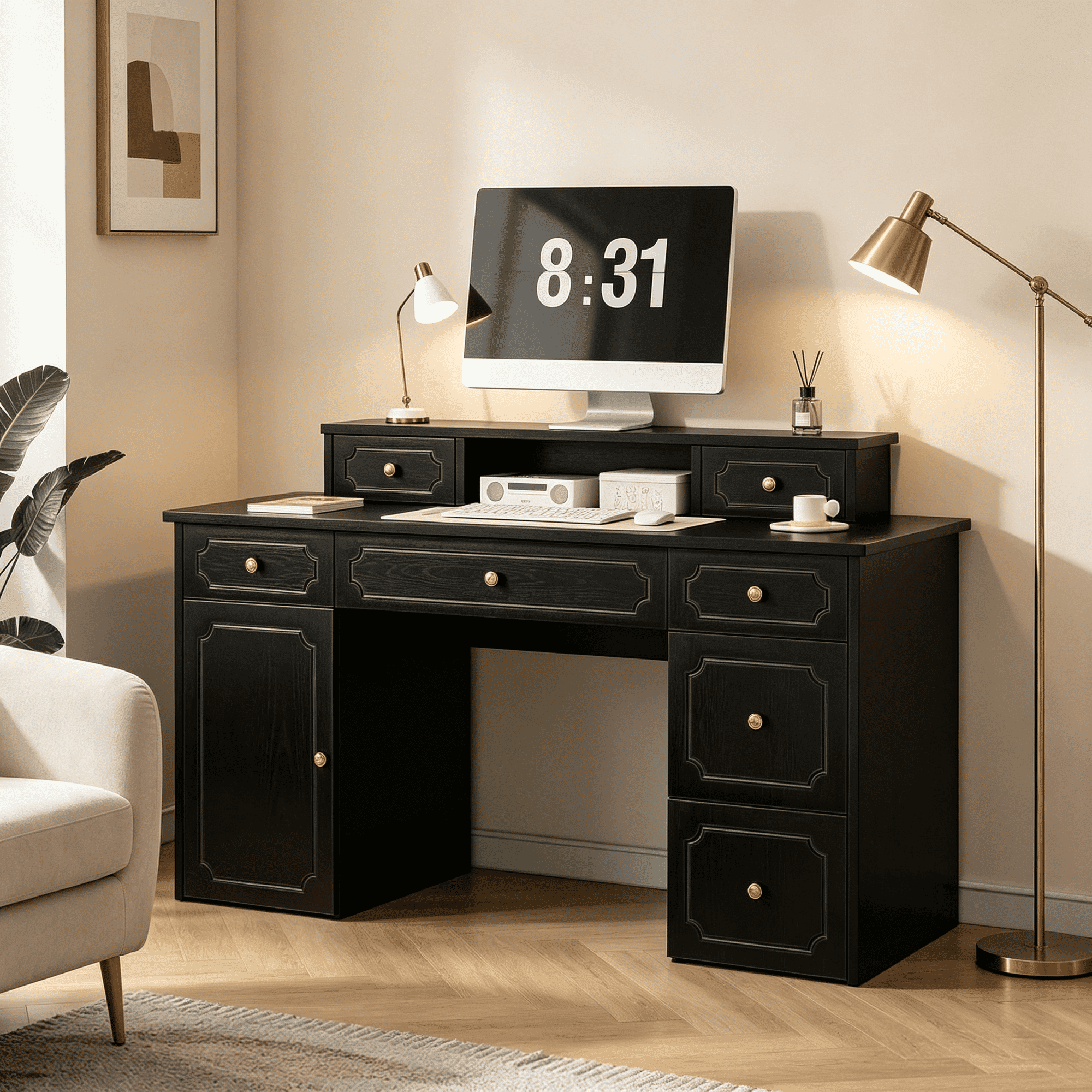 Catrimown Black Computer Desk with 7 Drawers & Storage Cabinet, 54 Inch Modern Writing Study Workstation, Vanity Desk with Golden Handles, Multifunctional Furniture for Bedroom Home Office