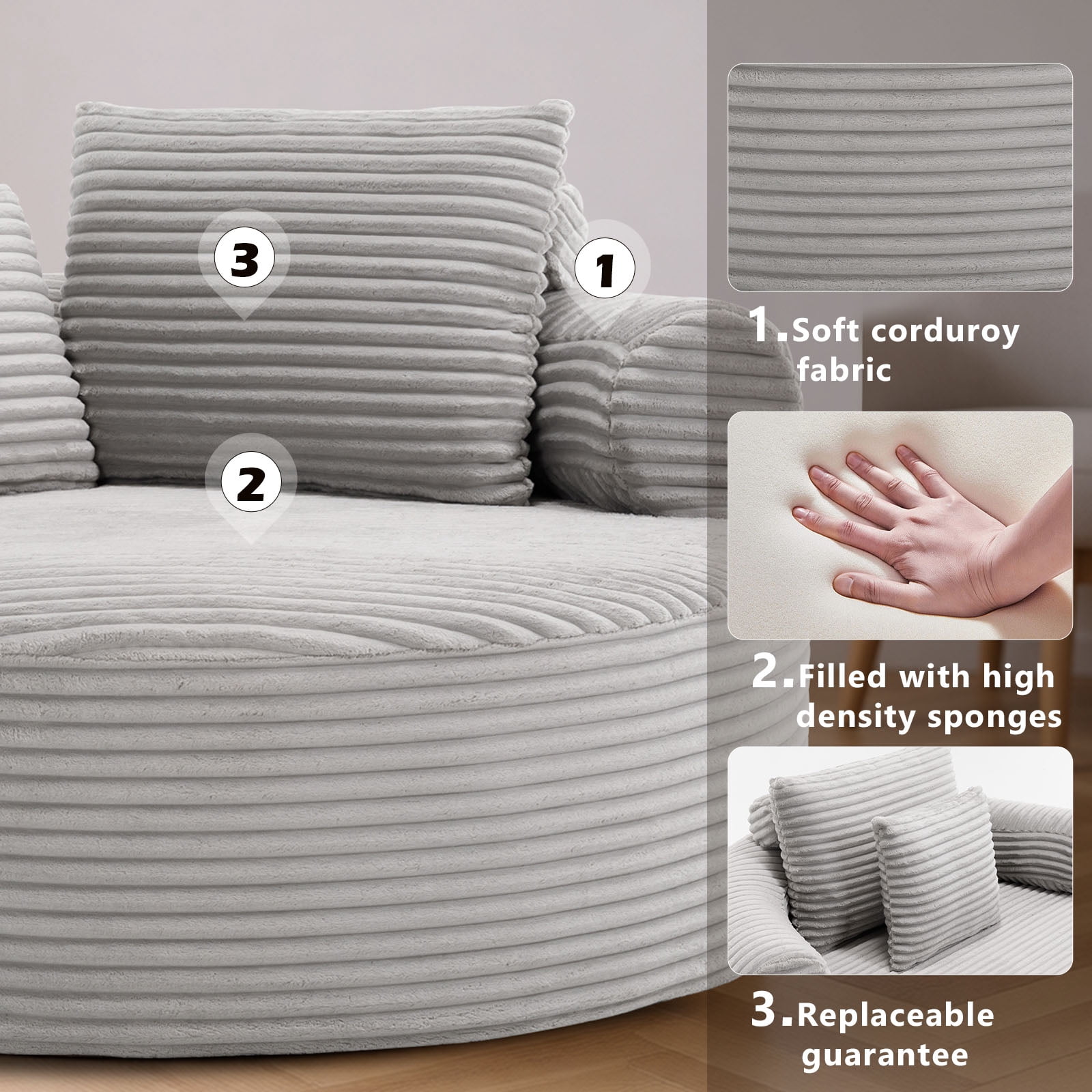 Miniyam 55.5" W Round Oversized Chaise Lounge Indoor for Living Room, Cloud Couch with 3 Pillows, No Assembly Required, Grey