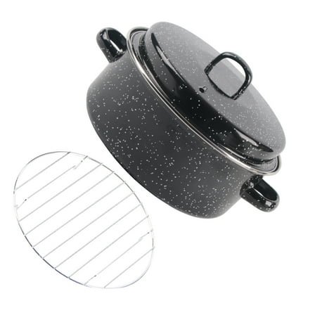 FONDOTIN Enameled Roasting Pan with Lid Round Black 24.5x24.5x16Cm For Home Cooking 1Pack