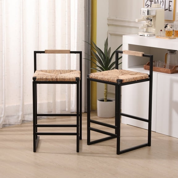 Tcbosik Metal Bar Stools Set of 2, Counter Height Stools with Water Hyacinth Woven Seat and Back, Bar Stool Chairs for Kitchen Island, Dining Room, Natural