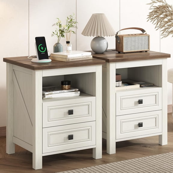 2-Piece Nightstand with Drawers for Bedroom, Farmhouse End Table with Charging Station, 2 Drawers Storage for Bedroom, White