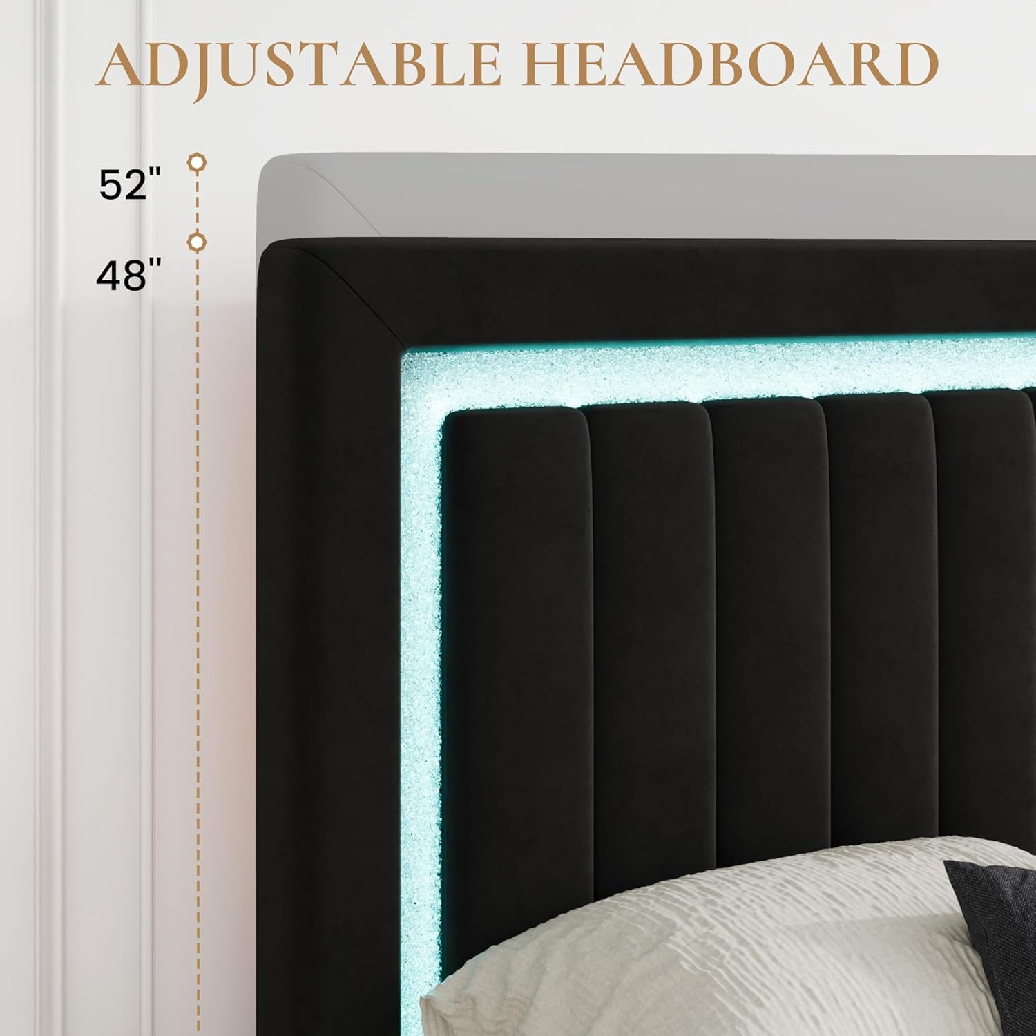 SHA CERLIN Queen Size Velvet Bed Frame with LED Light, Adjustable Vertical Channel Tufted Headboard, Strong Wooden Slats Support, Noise-Free, No Box Spring Needed, Black