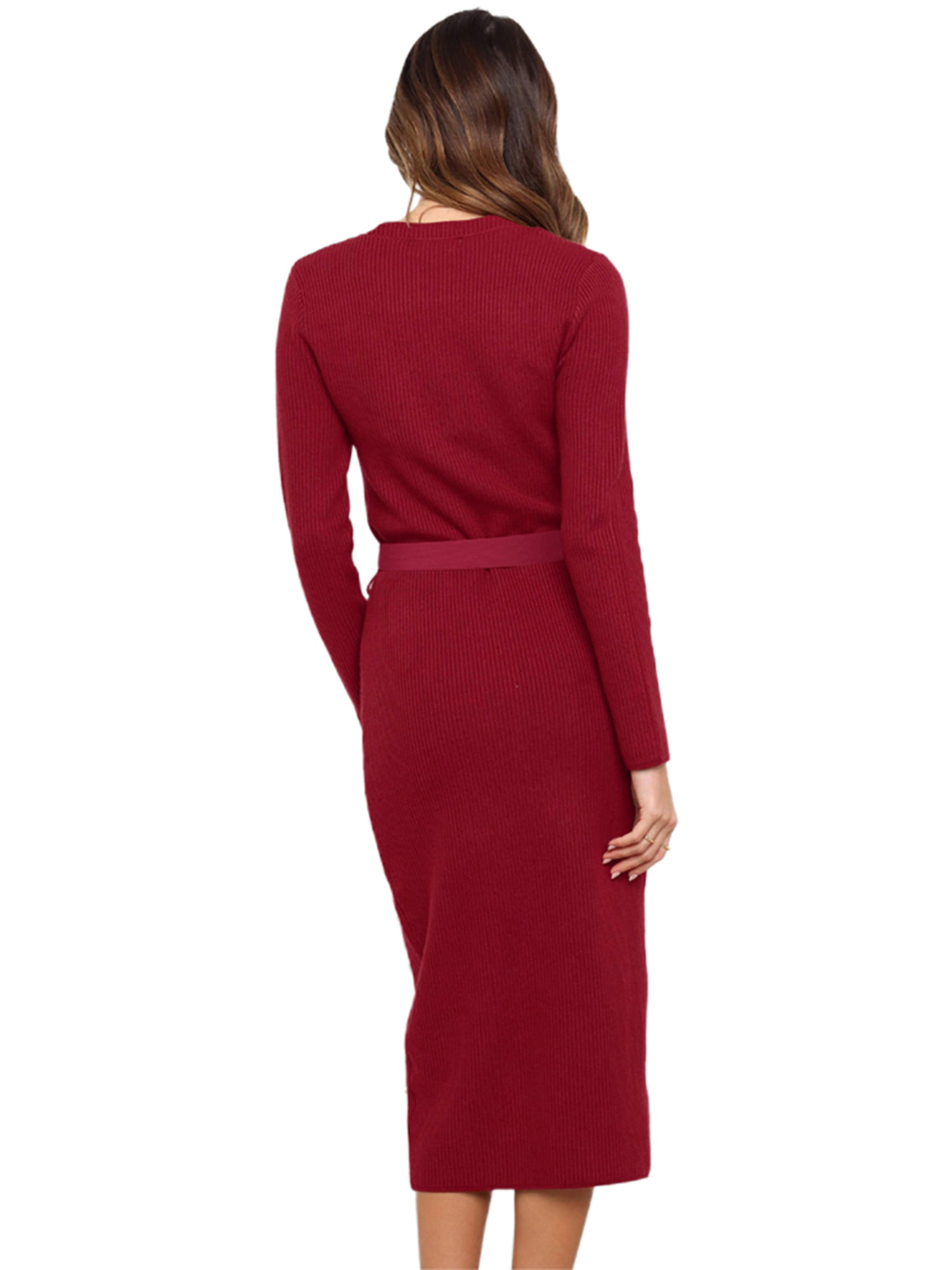 Womens Elegant Long Sleeve Jumper Dress V-Neck Knitted Dress Backless Sweater Dress Tunic Dress with Belt 