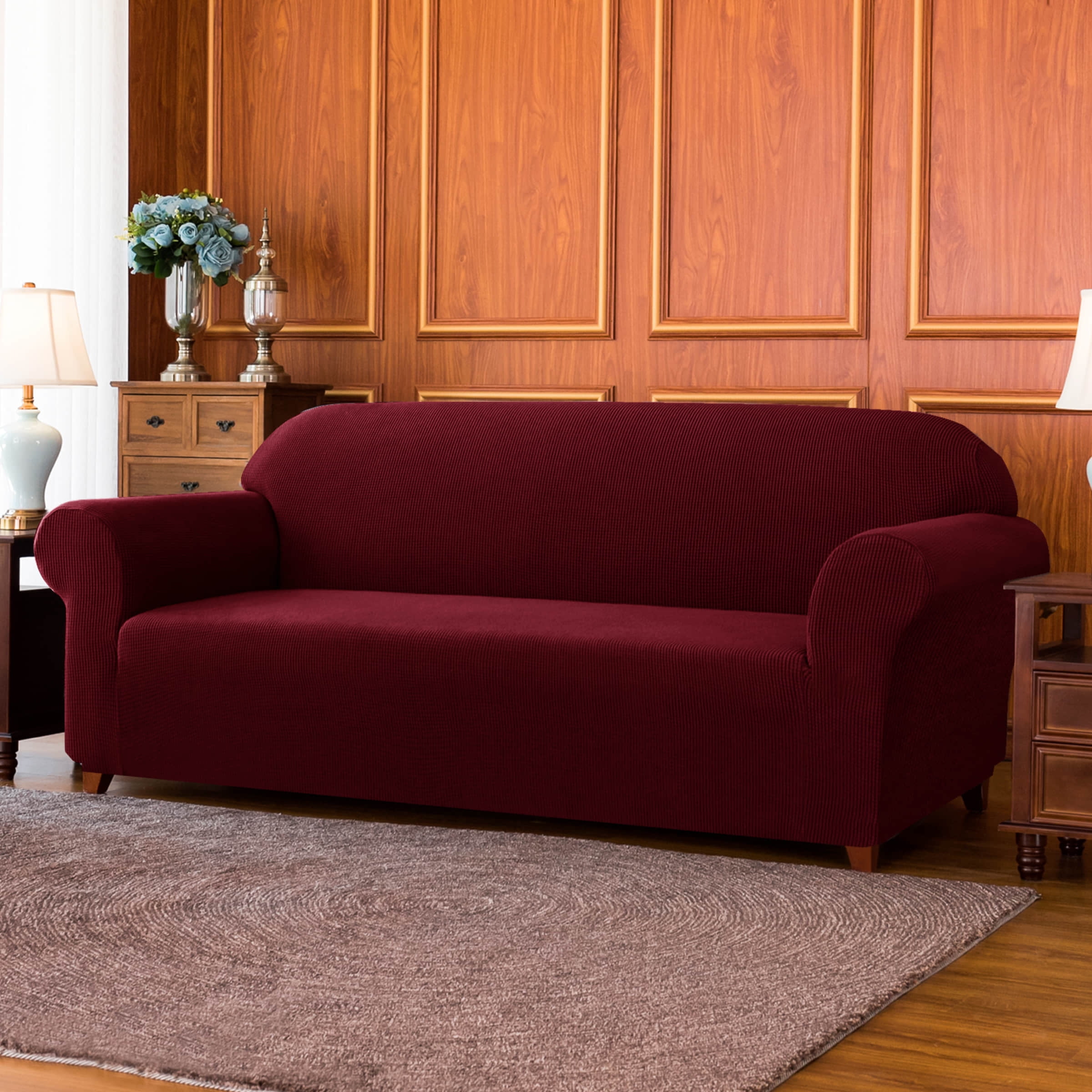 Subrtex Stretch 1-Piece Textured Grid Loveseat Slipcover, Wine