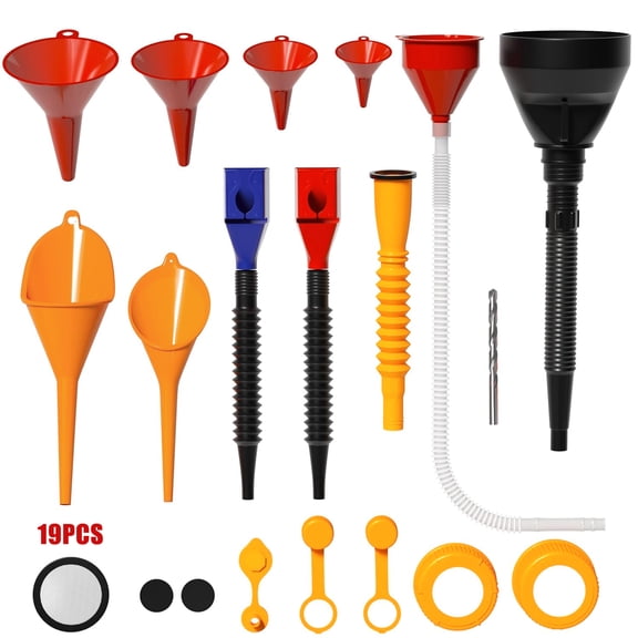 19 Pcs Automotive Funnel Set, Wide Mouth Plastic Funnels with Flexible Spouts and Transmission Funnel Replacements for Oil and Fluid Filling