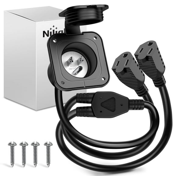 Nilight 15 AMP RV Power Flanged Inlet 125V AC Port Shore Receptacle with Extension Cord ETL Listed NEMA 5-15P Plug (2) 5-15R Female Outlet for Camper Generator Shed Motorhome