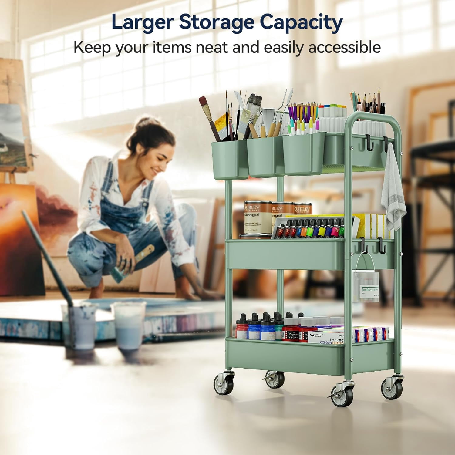 3-Tier Rolling Utility Cart with Wheels, Hanging Cups, Hooks, Heavy Duty Mesh Storage Organizer for Kitchen and Office, Lightweight Sturdy Craft Cart