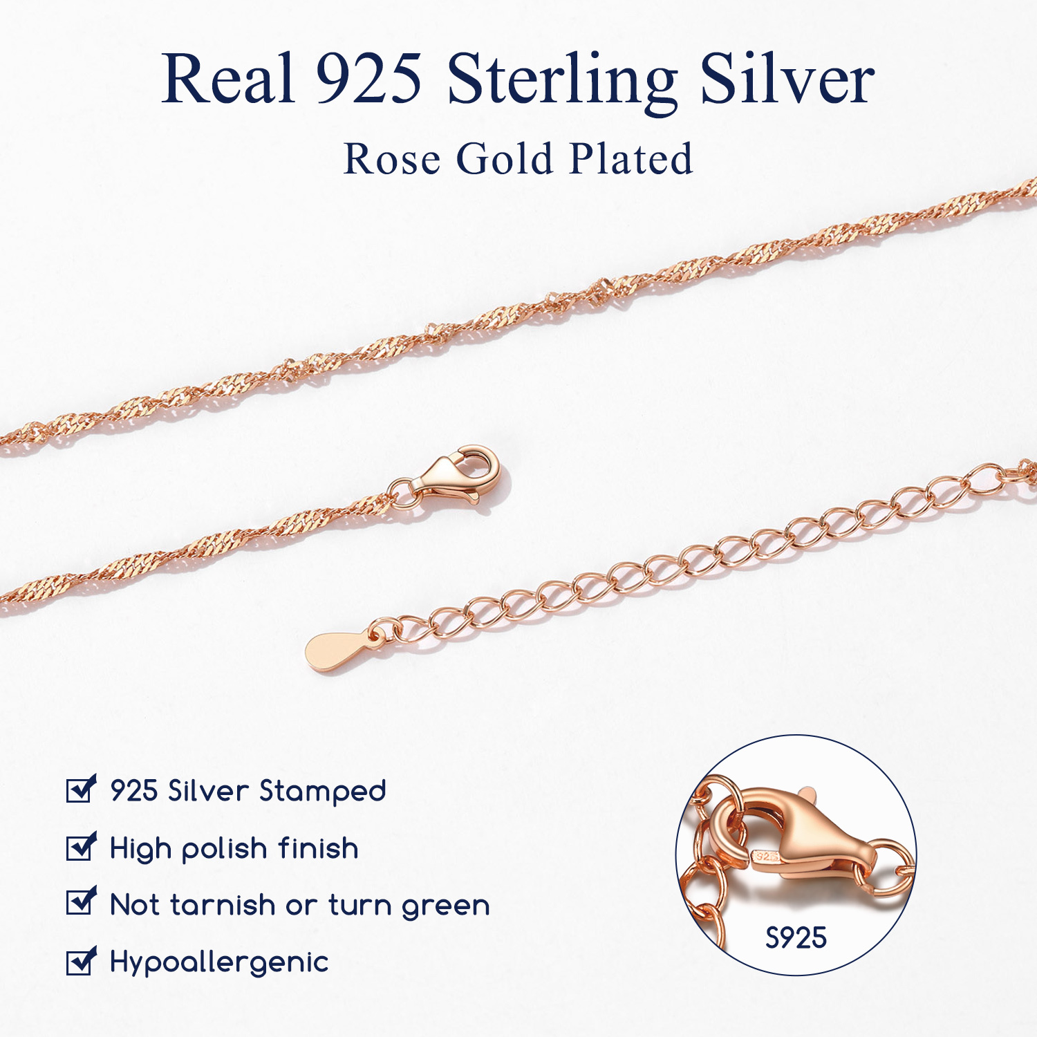 Suplight 925 Sterling Silver Women Necklace Waterwave Chain for Women 2mm 18"22" Slim Chain Jewelry Gift