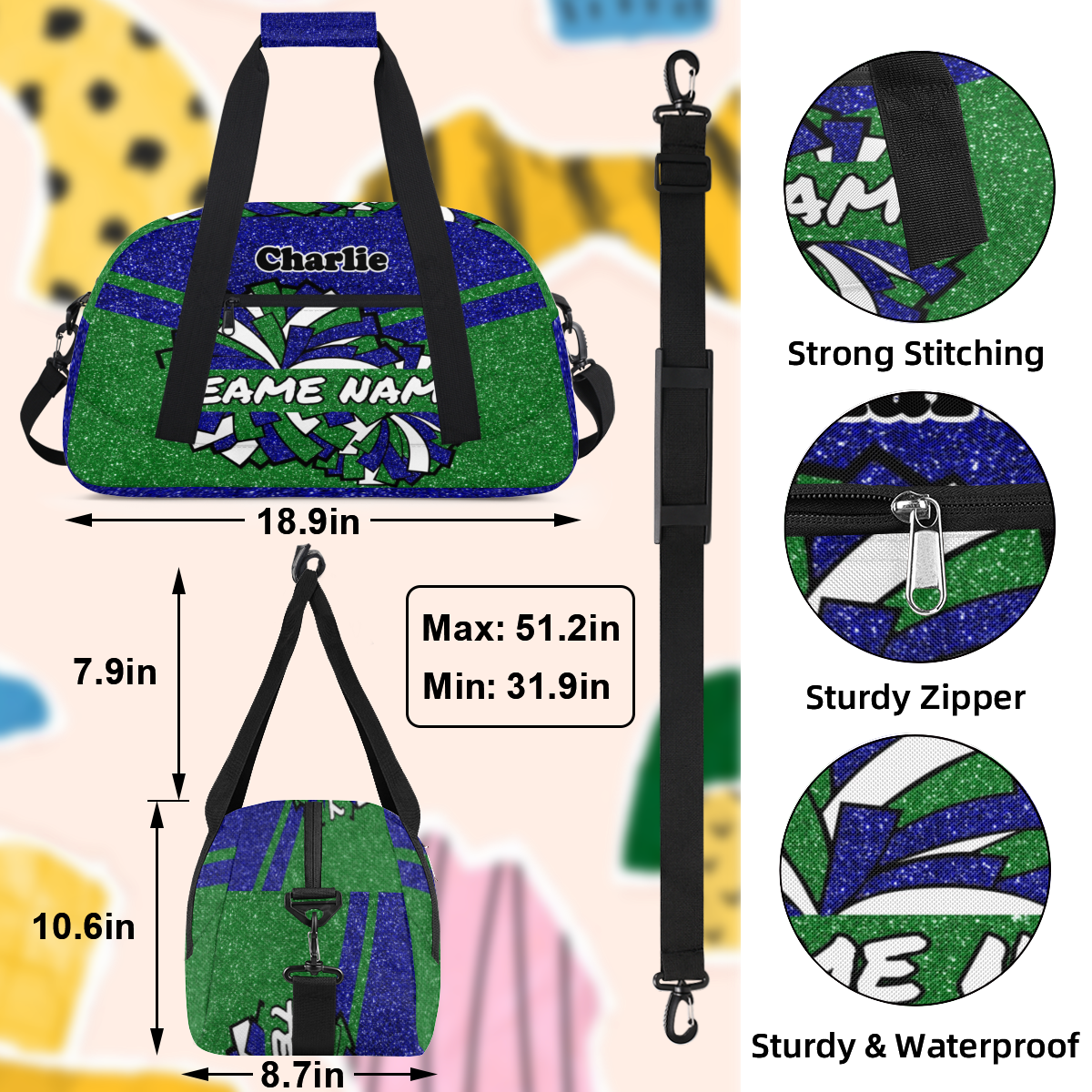Personalized Cheerleader Bag Dance Bag for Girls, Custom Team Bag Gym Bag Sport Duffel Bag, Weekender Bags Travel Bag for Cheer Team Glitter Blue Green