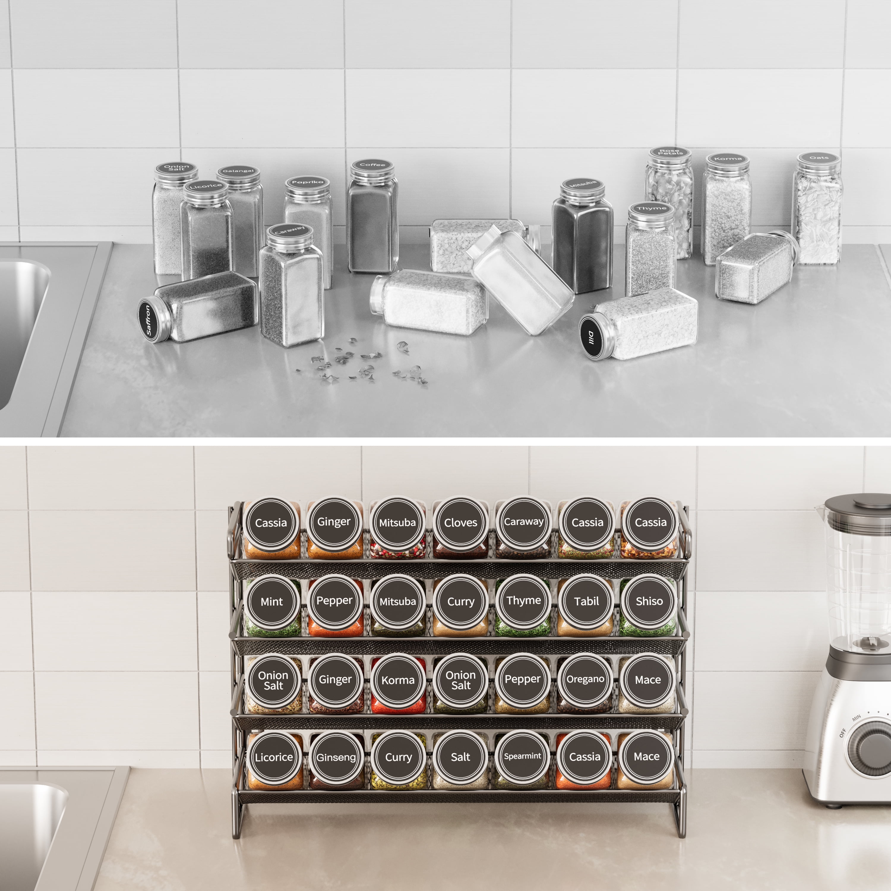 SpaceAid Spice Rack Organizer with 28 Jars, 4.33"D x 13.33"W x 10.5"H, Black