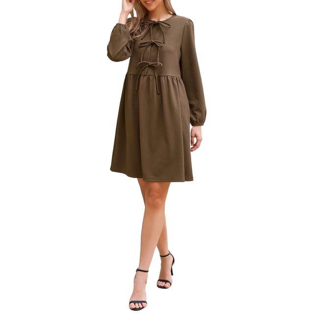Vestido de mujer Inspire Chic Otoño Babydoll Casual de Manga Larga con Lazo Frontal Vestidos Lindos Túnica M Marrón