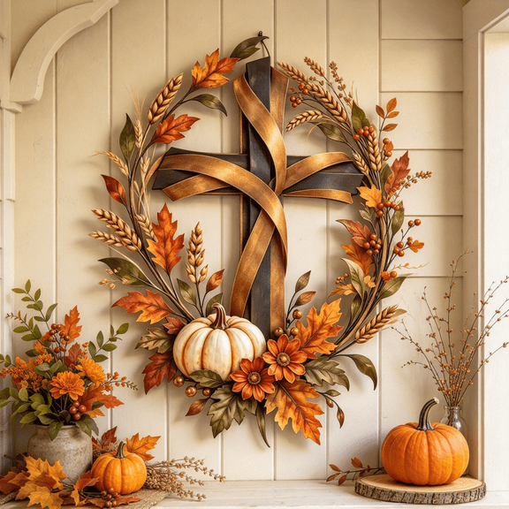 Autumn Cross & Pumpkin Harvest Metal Wall Decor, Vintage Rustic, for Entryways, Garden Walls,Living Rooms, Religious Faith Hanging Ornament for Porch, Farmhouse Decor, 25cm/9.8in
