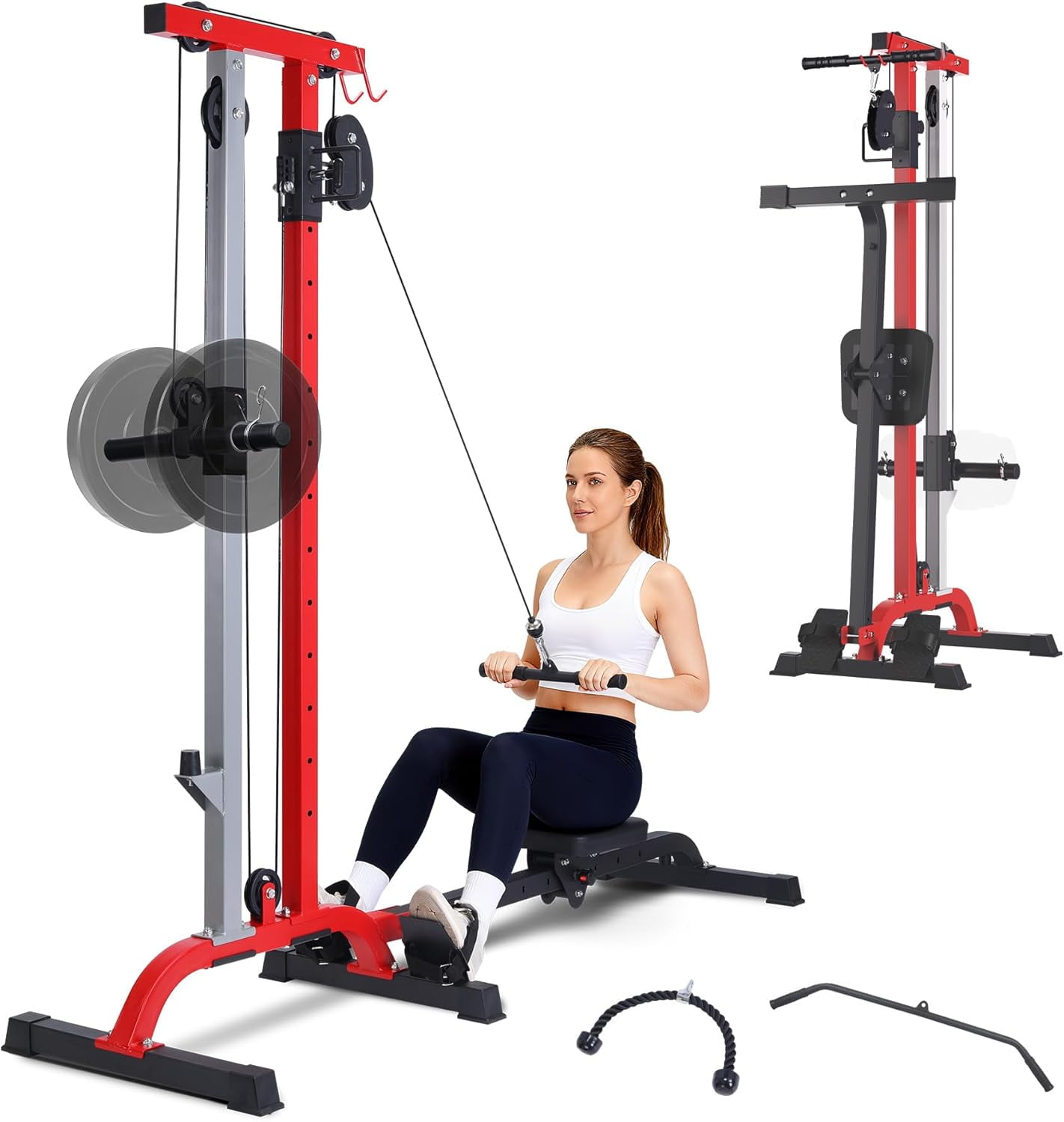 GARVEE 2 in 1 Cable Crossover Machine & Lat Pull Down Machine with Adjustable Weight and Seat,Multi-Function Compact Rowing Machines for Home Gym,Black&Red