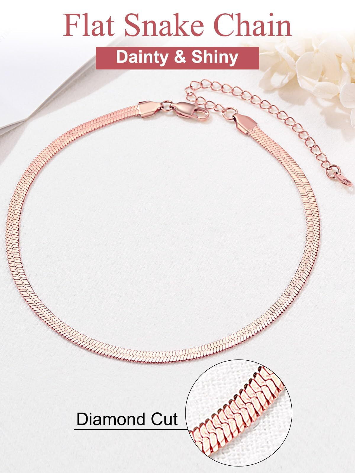 FOCALOOK Flat Snake Chain for Women Stainless Steel Rose Gold Plated Herringbone Choker Necklace Jewelry Girlfriend Birthday Christmas Valentine's Day Gifts 5MM 12 Inches