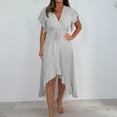 thumbnail image 2 of CHGBMOK Women Dress Ruffle Short Sleeve V Neck Dress Front Ruched Tummy Control Long Dress with Belt Swing Pleated Casual Dress, 2 of 7