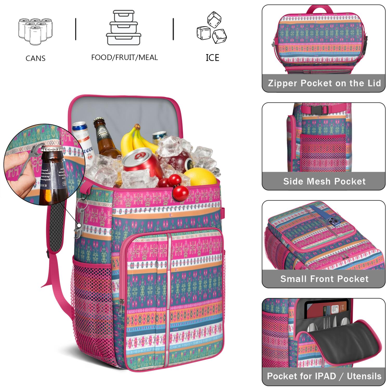 Travel Cooler Bag - Boho Bohemia Pioneer Flower Geometric Line Art Camping Beer Cooler Backpack with Bottle Opener- Waterproof Insulated Picnic Backpacks - Cooler Bag for Beach