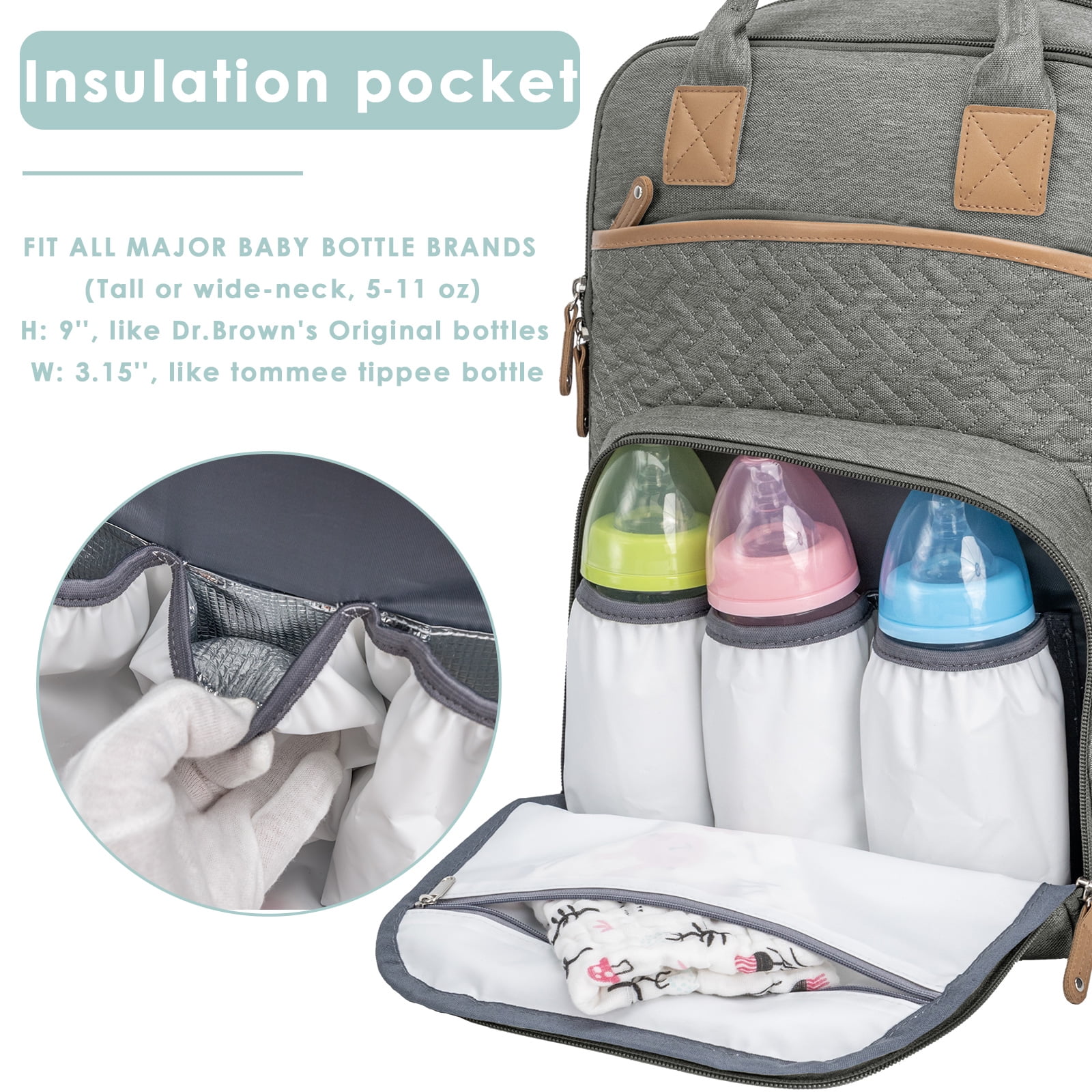 Kabaqoo Large Baby Diaper Backpack, Multifunction Waterproof Mom Bag with Changing Pad, Gray