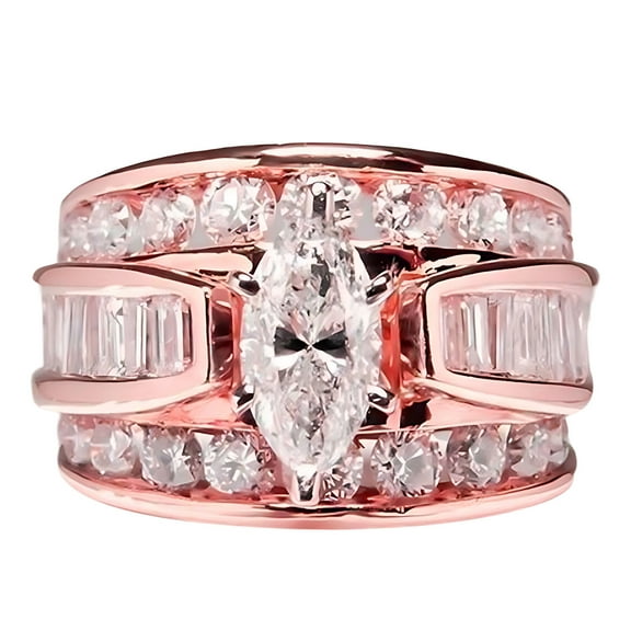 Guodhu Marquise & Round Cut Created Moissanite Ring Wedding Bridal Band Rose Gold Cubic Zirconia Engagement Ring for Women Promise Wide Band Rings for Her