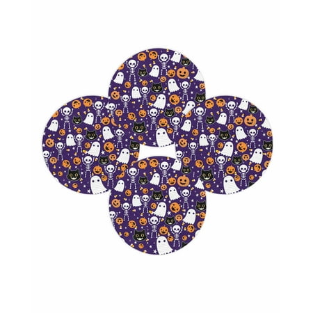 Halloween Round Placemats Set of 4 Purple Ghost Skeleton Pumpkin Place Mats Washable Woven Placemat Candy Black Cat Circle Braided Table Mat for Kitchen Dining Table Holiday Party Home Decor 15 Inch
