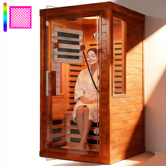 Seizeen Sauna with Red Light Therapy, Single Sauna Room with 360°Far Infrared Low EMF Heating, Upgraded 7 Carbon Fiber Panels, Entertainment Function, 7-color Lights, 96℉-145℉