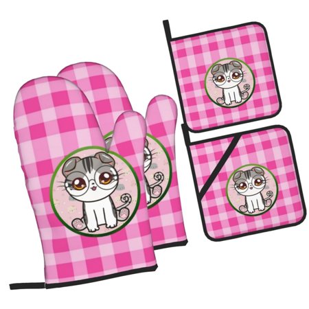 Cat Avatar Plaid Oven Mitts and Pot Holders Sets Baking Sets for Kitchen BBQ Gloves Heat Resistant Cooking Decorative Pink 4 Pieces