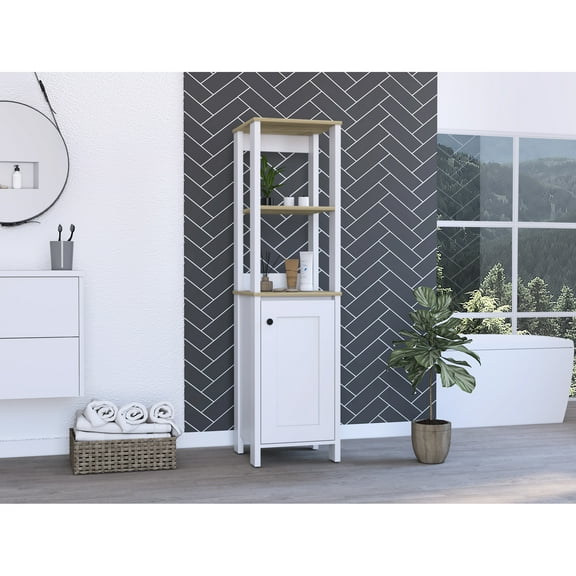 Linen Cabinet With Two Open Shelves And Single Door, Attractive In Oak/white Finish Door