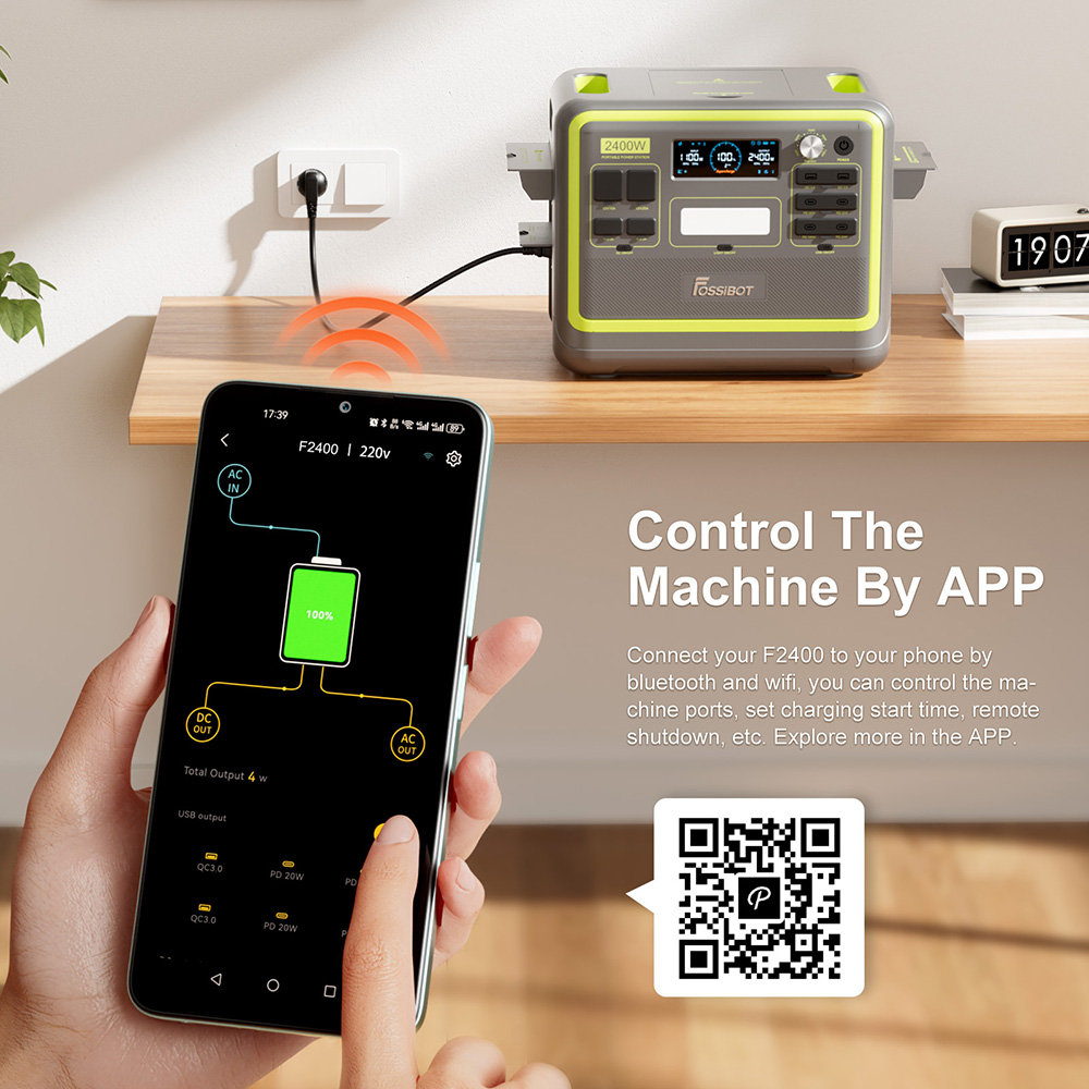 FOSSiBOT F2400 Portable Power Station, 2048Wh LiFePO4 Battery 2400W Output Solar Generator, 16 Output Ports - Black
