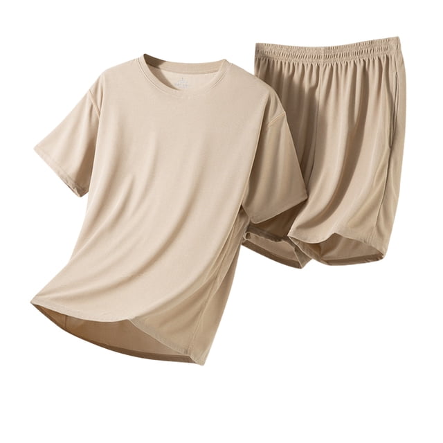 Floleo Mens Summer Solid Color Sleepwear Set Round Neck Short Sleeve Pajama Comfortable Lightweight Breathable Home Wear Loose Elastic Waist 2 Pockets(Khaki,4XL)