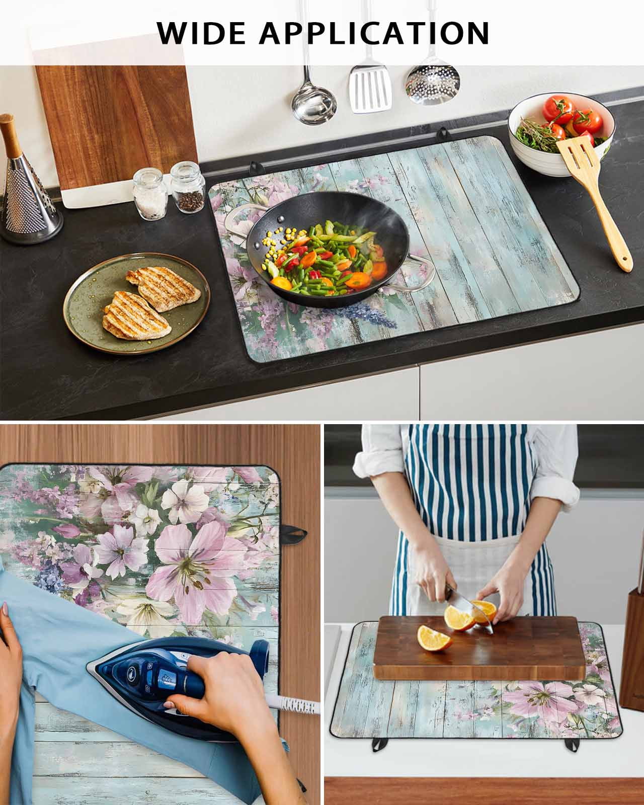 nqOlkjepod Large Induction Cooktop Protector Mat 36"x21", Pink Flower Stove Top Covers for Electric Stove, Lavender Leaves Blue Board Pastoral Retro Stove Burner Cover Mats, Glass Top Stove Cover