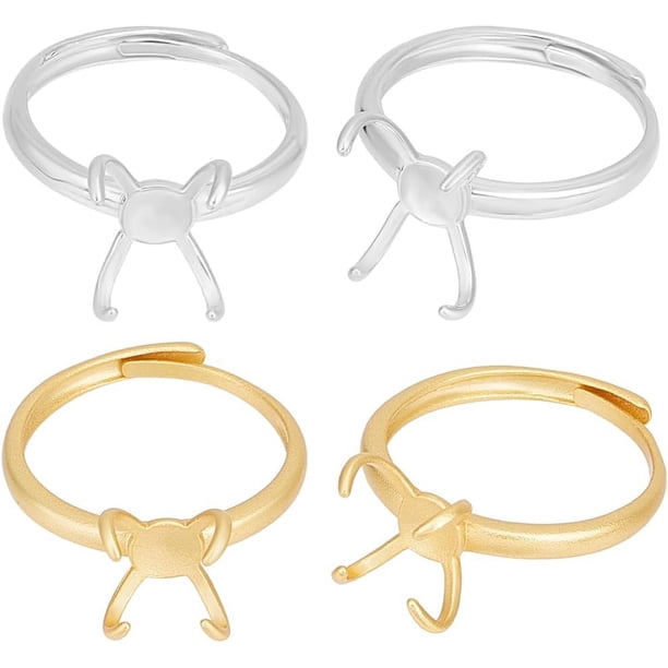 1 caja de 4 bases para anillos de 4 garras, 2 colores, chapadas en oro de 18 quilates y platino, ajustables, para hacer joyas DIY.