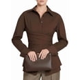 thumbnail image 2 of Women Fitted Button Down Shirt Cinched Waist Tops Long Sleeve Wrap Blouse Stylish Dressy Casual Outfit Brown S, 2 of 10