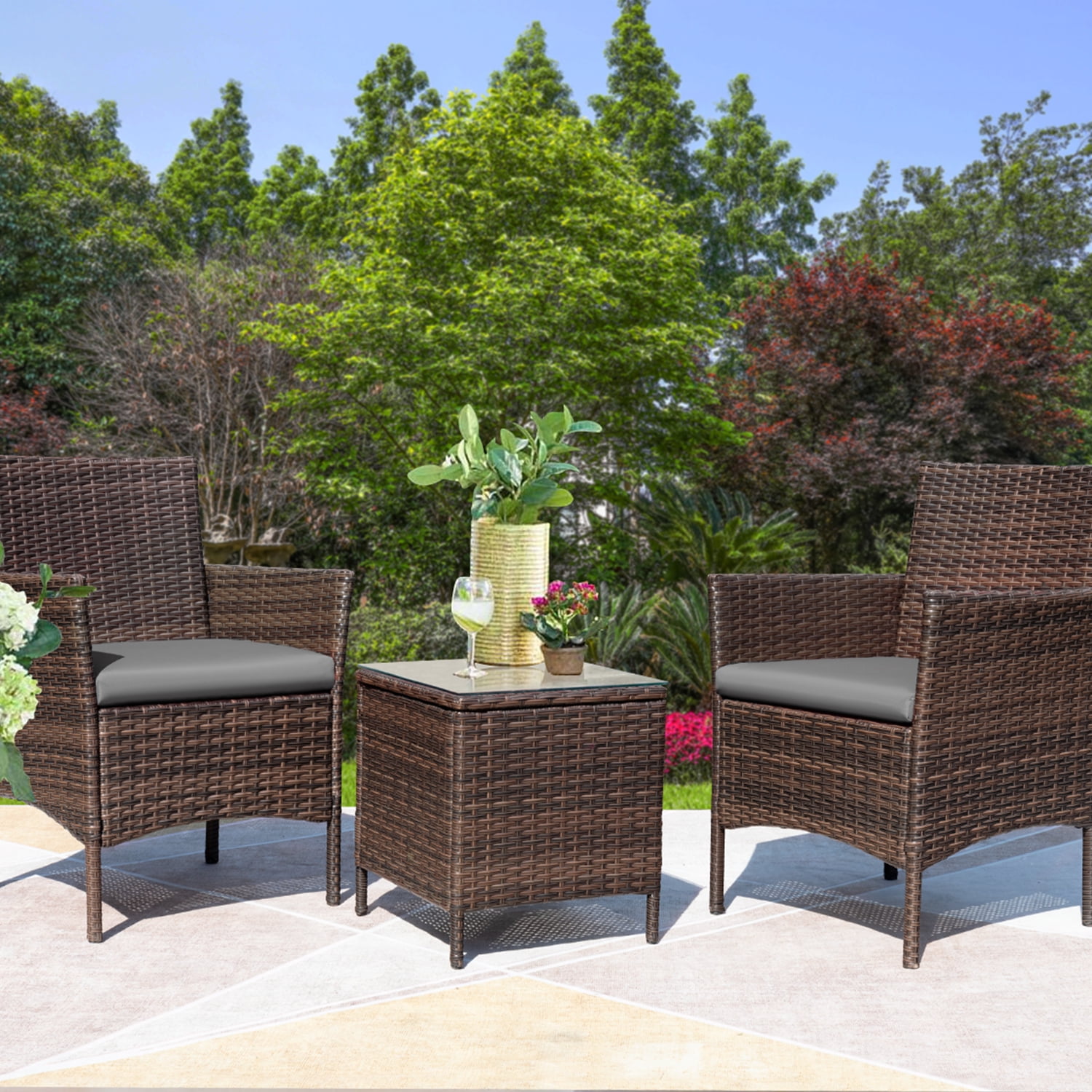 Devoko 3 Pieces Patio Furniture Set Outdoor Conversation Set Wicker Bistro Chairs Set of 2 with Coffee Table for Porch Backyard Balcony,, Brown/Gray