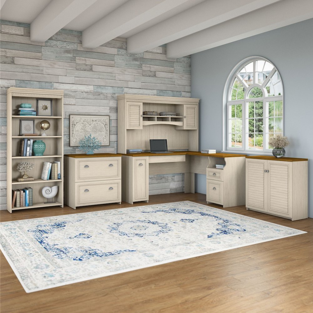 Fairview L Desk 5 Pc Office Set with Storage in Antique White - Engineered Wood