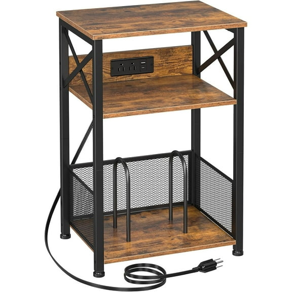 Record Player Stand with Charging Station, Turntable Stand with Storage Cabinet, 3 Tier End Table Hold Up to 100 Albums, Record Table for Vinyl, Living Room, Rustic Brown,
