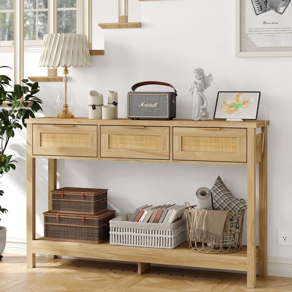 Furnihold 51.2"W Rattan Console Table with Charging Station & 3 Drawers, Wood Boho Entry Table for Living Room, Natural