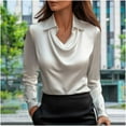 thumbnail image 2 of XPMWRP Women's Satin Silky Cowl Neck Drape Ruched Front Long Sleeve Blouse Shirt Top Casual Dressy Loose Clothing White L, 2 of 7