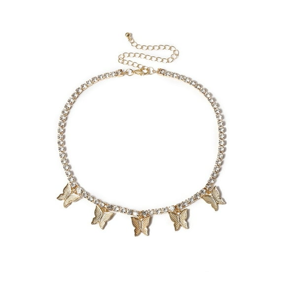 Crystal Choker Rhinestone Butterfly Pendant Women Chain Necklace (Gold)