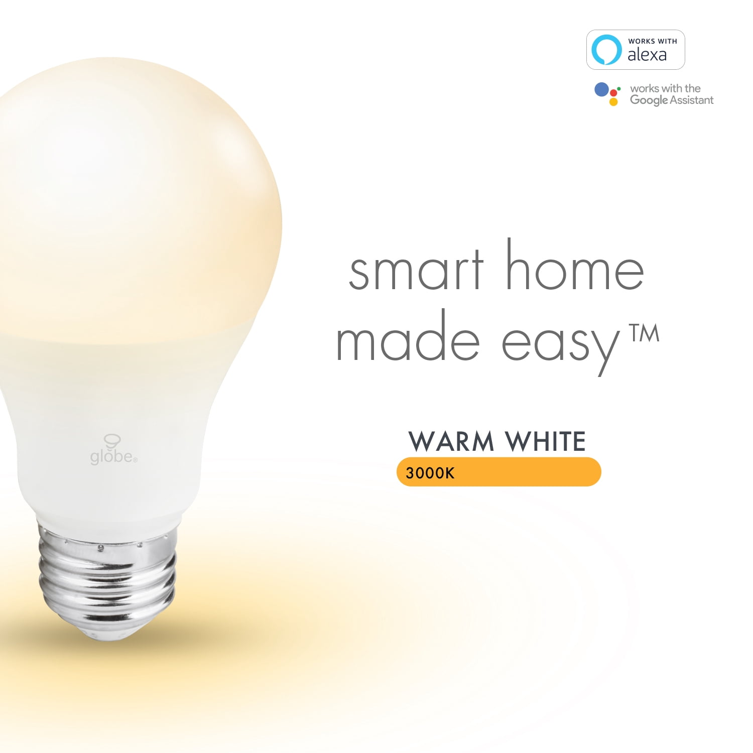 Globe Electric Wi-Fi Smart 60W Equivalent Soft White Frosted LED Light Bulb, No Hub Required, Voice Activated, A19, E26 Base (2-Pack), 34209