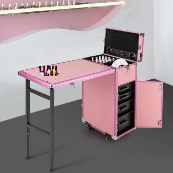 Rolling Manicure Table Nail Desk Travel Train Case Cosmetic Trolley & Speaker for hair stylists, makeup artists