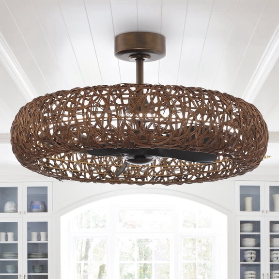 Parrot Uncle Farmhouse 35" Brown Rattan Shade Caged LED Ceiling Fan with Remote Control, 8"/20" Downrods