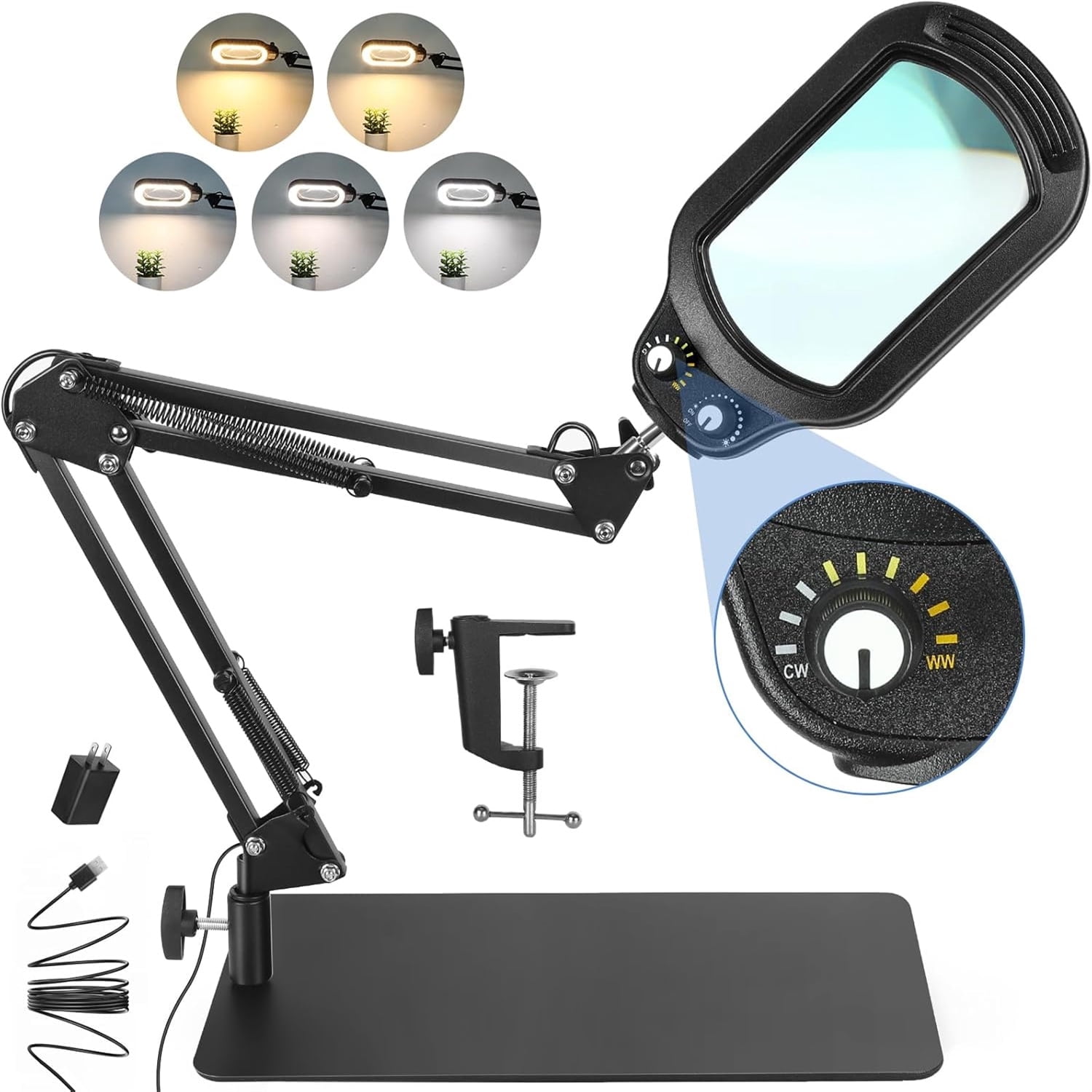 LED Magnifying Glass with Light and Stand, 5 Color Dimmable Switch Knob, 2-in-1 Adjustable Swing Arm Desk Lamp ,Hands-Free Lighted Magnifier for Reading Close Work